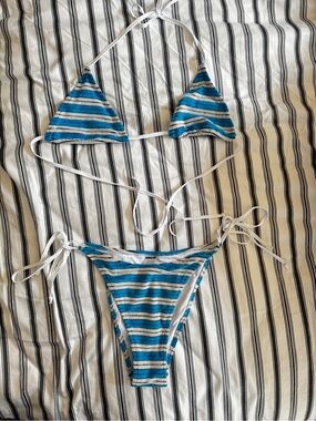 Bright - Blue and White Striped Triangle Tie-Side Bikini